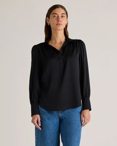 Washable Stretch Silk Split Neck Blouse Feminine Blouses, Woven Top, Silk Shirt, Mulberry Silk, Quince, Neck Designs, Black And Navy, Effortless Style, Split