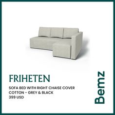 a white couch sitting on top of a green and white background with the words friheten