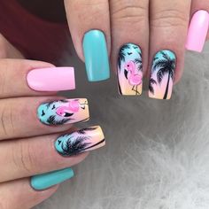 Flamingo Nails, Palm Tree Nails, Tropical Nails, Tree Nails, Glow Nails, Pretty Nail Art Designs, Vacation Nails, Summer Acrylic Nails, Beach Nails