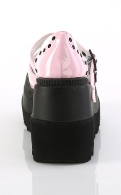 Kick it up a notch in the SHAKER-27 Mary Janes! These chunky wedges feature pink wingtips on a white body, trimmed with flat studs and broguing. Two straps secure over the foot with buckles to keep ya snug and a cute bat cutout on the toe adds an extra touch of gothy goodness. Pair with yer fave stockings and step out with attitude! The SHAKER series features a chunky 4 1/2 inch wedge heel. 100% Vegan. U.S women's sizing-refer to size chart for more info. Pastel Goth Shoes, Demonia Boots, Goth Shoes, Wedge Shoe, Creepers Shoes, Demonia Shoes, Patent Boots, Pleaser Shoes, High Heel Boots Knee