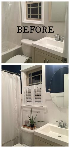 before and after photos of a bathroom remodel