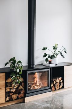 a wood burning stove sitting on top of a wooden shelf next to a potted plant