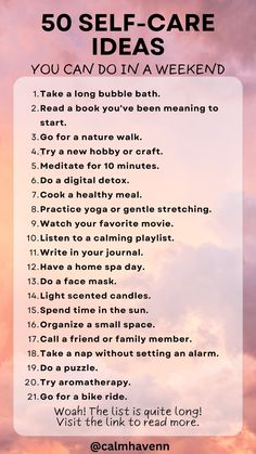 Need a break? Discover 50 simple and effective self-care ideas you can enjoy over the weekend. From relaxing baths and creative hobbies to outdoor activities and mindful practices, these tips will help you unwind and recharge. Perfect for a weekend of self-love and rejuvenation! #SelfCareWeekend #WeekendWellness #RelaxationTips #SelfCareIdeas #WeekendSelfCare Weekend Selfcare, Self Care Weekend, Relax Tips, Getting A Facial, Weekend Routine, Mindful Practices, Home Facial, Weekend Ideas, Get Glowing Skin