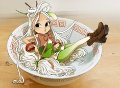 a cartoon character sitting in a bowl filled with noodles