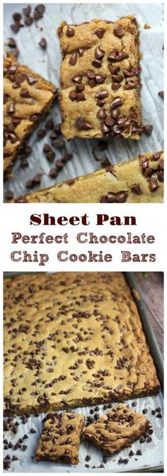 sheet pan with chocolate chip cookie bars cut into squares and stacked on top of each other