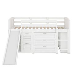 a white bunk bed with drawers underneath it and a slide down the side to reveal a storage compartment