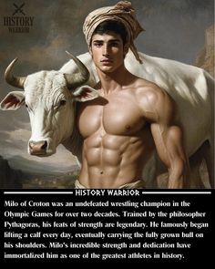 an image of a man with a cow on his shoulder and the words history warrior written below it