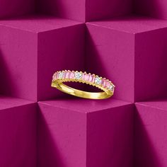 Ross-Simons - .50ct t. w. Pink Sapphire, .36ct t. w. Diamond Ring in 14kt Yellow Gold. Size 8. .50 ct. t. w. baguette pink sapphires and .36 ct. t. w. round brilliant-cut diamonds line this sweet ring. Set in polished 14kt yellow gold. 1/8" wide. Diamond and pink sapphire ring. Cubic Zirconia Emerald Cut Half Eternity Ring, Emerald Cut Cubic Zirconia Half Eternity Ring, Pink Half Eternity Diamond Ring, Classic Pink Half Eternity Jewelry, Pink Cubic Zirconia Half Eternity Rings, Pink Diamond Stackable Rings With Prong Setting, Pink Diamond Half Eternity Ring, Pink Baguette Cut Diamond Ring For Anniversary, Pink Gold Diamond Ring With Brilliant Cut