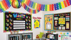 the classroom is decorated with colorful streamers and decorations