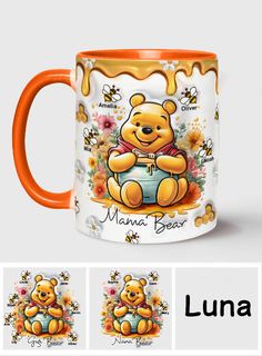 a winnie the pooh mug with honey bears on it and four images below that says,'mama bear '