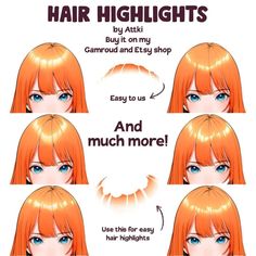 the instructions for how to use hair highlights on an anime character's face and eyebrows