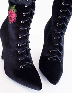 Our MEDICI bootS have flowers embroidered onto its velvet outer shell and gold metal accents. It is an over the knee design with a side zipper for easy wear. Heel height: 4.2" Imported. Fit Runs true to size. Flowers Embroidered, Facebook Style, Metal Accents, Long Boots, Pretty Shoes, Metallic Accents, Easy Wear, Embroidered Flowers, Over The Knee