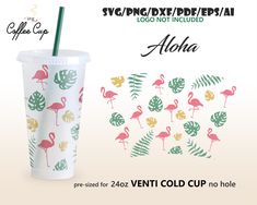 a white cup with flamingos and palm leaves on it, next to an ad for the