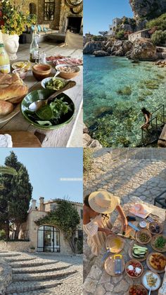 a collage of photos with food and water