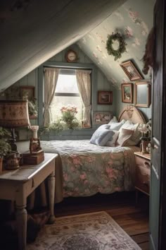 an attic bedroom with a bed, desk and window in the corner that has flowers on it