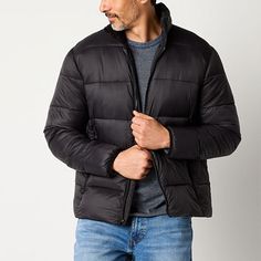 This St. John's Bay men's adaptive puffer jacket has all the features you need to stay warm in style during the cooler months, including adaptive specific details to help with easier dressing. It's made from a water and wind-resistant woven fabric with midweight fill and has a mock neck, side zip pockets, a full-zip front, and hook-and-loop tape fasteners at the back for easy on and off. Style it with a sweater and jeans. Features: Adaptive, Water Resistant, Wind ResistantClosure Type: Zipper, H Functional Long Sleeve Puffer Outerwear, Insulated Long Sleeve Quilted Jacket For Fall, Fall Insulated Long Sleeve Quilted Jacket, Insulated Long Sleeve Outerwear For Outdoor Activities, Insulated Long-sleeved Outerwear For Outdoor Activities, Fitted Puffer Jacket For Outdoor Activities In Fall, Functional Long Sleeve Quilted Jacket For Fall, Fitted Puffer Jacket For Fall Outdoor Activities, Black Spring Puffer Jacket For Outdoor Activities