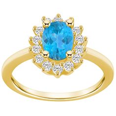 Featuring an oval-cut blue topaz center stone wrapped in a crown of shimmering diamonds, this 14k gold Alyson Layne ring is a colorful accent to your look. Featuring an oval-cut blue topaz center stone wrapped in a crown of shimmering diamonds, this 14k gold Alyson Layne ring is a colorful accent to your look.  Metal: 14k gold Packaging: boxed Width: 7/16 in. Finish: polishedSTONE DETAILS Stone type: blue topaz Total weight: 2 ct. Center stone weight: 1 5/8 ct. Center stone size: 8 mm x 6 mm Sha Gold Packaging, Oval Setting, Diamond Halo Ring, Stone Wrapping, Halo Diamond Ring, 3 Carat, Halo Rings, Halo Ring, Diamond Halo