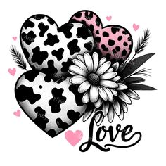 two hearts with flowers and the word love written in black ink on a white background