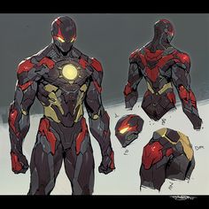 the concept art for iron man is shown in red and gold armor with yellow accents