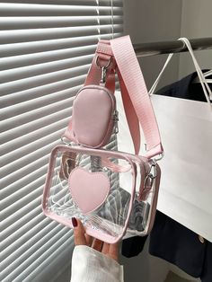 Pink Preppy,Modern Collar  PVC Geometrisch,Herz Quadratische Tasche Embellished Pink Heart Bag, Cute Pink Purse, Cute Crossbody Purse, Preppy Purses, Pvc Bag, Clear Bag, Pink Purses, Mini Bags, Shein Bags