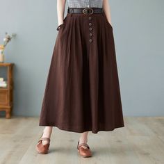 "★★FEATURES Cotton linen blend Button front skirt(the button can't be opened) Back elastic waistband Two side pockets Pleated skirt Regular fit A Line skirt Gathered skirt Perfect for Summer, Spring, Autumn Fabric swatch https://etsy.me/3lRLcF4 ★★ Models's button up shirts click https://etsy.me/3yczTe8 ★★ Model Size Height approx 162 cm (5′ 4″) Bust 84 cm (33\") Waist 66 cm (26\") She wears size XS. ★★ Please select custom order according to the follow situation Your height is not between 5'1\" Maxi Linen Skirt, Long Linen Pants, Clothes Capsule Wardrobe, Long Linen Skirt, Long Flowy Skirt, Autumn Outwear, Skirt A Line, Maxi Rok, Skirt High Waist