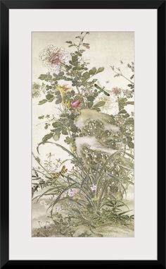 a painting with flowers and birds on it