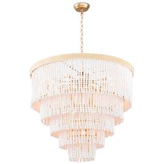 a chandelier hanging from the ceiling with white beads and gold trimmings