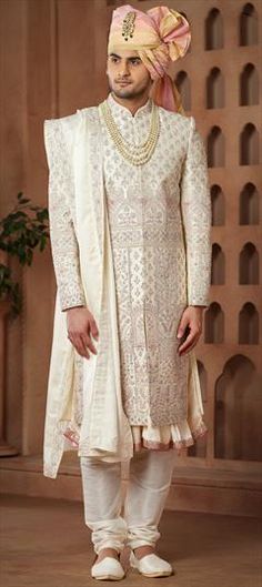 White and Off White color Sherwani in Art Silk fabric with Bugle Beads, Embroidered, Sequence work White Anarkali Sherwani For Reception, White Ceremonial Lehenga For Eid, White Cutdana Sherwani For Wedding, White Resham Embroidery Lehenga For Ceremonial Occasions, White Churidar With Intricate Embroidery For Ceremonial Occasions, White Resham Embroidery Churidar For Ceremonial Occasions, Ceremonial White Zari Embroidered Fabric, Wedding White Churidar With Intricate Embroidery, Ceremonial White Embroidered Zari Work Fabric