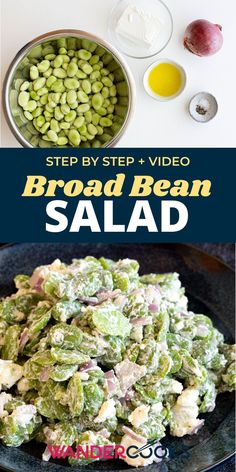 broccoli bean salad in a bowl with the words step by step video