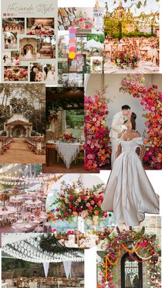 a collage of different wedding photos with flowers and greenery on the wall, in front of an archway