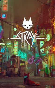 a cat sitting on the ground in front of a neon city