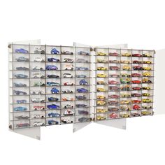 two metal shelvings with cars on them and one is open to show the contents