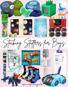 various items for boys with the words stocking stuff for boys on top and bottom