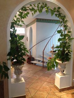 an arched doorway leads to a foyer with potted plants on pedestals and stairs in the background