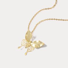 This golden, hollow-shaped butterfly necklace will make you feel as light as a feather! Flutter from day to night in this exquisite, eye-catching accessory! Perfect for special occasions or for adding some dazzling flair to your everyday. DETAILS Plating: 18K Gold Materials: 18K Gold on  Silver Length:  15.75 "(40cm) + Extender: 1.18"(3.0cm) Weight:  5 g Fine Necklace, Light As A Feather, Golden Necklace, Butterfly Gifts, Butterfly Pendant Necklace, Enamel Necklaces, Valentines Day Gifts For Her, Nature Inspired Jewelry, Butterfly Necklace