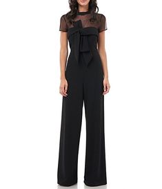 JS Collections Illusion Mock Neck Bow Front Short Sleeve Wide Leg Crepe Jumpsuit | Dillard's Formal Jumpsuit, Crepe Jumpsuit, Womens Black Shorts, Jumpsuit Dressy, Dressy Pants, Jumpsuit Outfit, Wide Leg Jumpsuit, Black Jumpsuit, Jumpsuits For Women