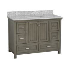 a bathroom vanity with marble top and drawers