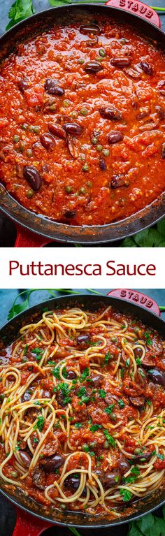 two pictures showing different types of pasta and sauce