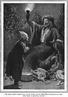 an old black and white drawing of a man sitting in front of a fire with another man holding a pot