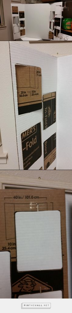 the inside of a cardboard box with labels on it and other boxes in the background