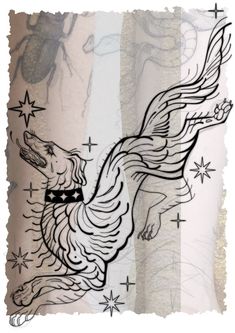 a drawing of a dog with wings and stars on it's chest, in front of a striped background