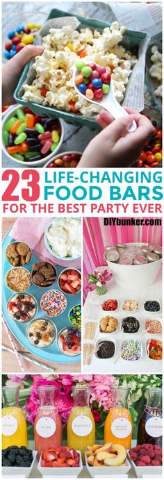 there are many different desserts and drinks on the table with text overlay that says 28 life changing food bars for the best party ever