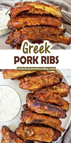 greek pork ribs on a white plate with ranch dressing