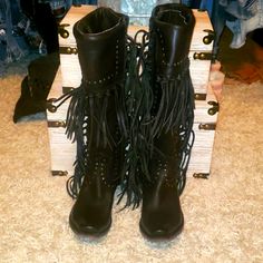 Liberty Black Tall Fringe Boots, Super Cute Boots, Lightly Worn Once. These Are A Size 6 With Side Zipper And Very Comfortable Still In Very New Condition! Will Ship In Original Box. Black Snip Toe Platform Boots For Fall, Fall Festival Leather Heeled Boots, Black Snip Toe Boots For Festival, Black Moto Boots With Stacked Heel And Snip Toe, Black Snip Toe Festival Boots, Black Moto Boots With Round Toe For Festival, Western Style Leather Knee-high Boots For Party, Black Western Knee-high Boots For Party, Black Moto Boots For Festivals In Fall