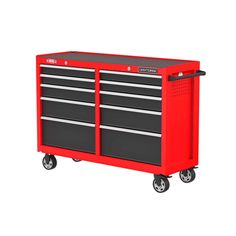 a red and black tool cabinet on wheels