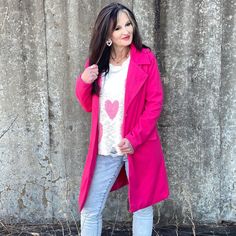 Fashion Week Hot Pink Coat Keeping warm while looking adorable and trendy. This jacket is a gem featuring warm material, long sleeve, a foldable collar, with gold buttons. A relaxed silhouette and front pockets. Fabric 100% polyester Sm 2-4 Medium 6-8 Large 10-12 xlg 14-16 2x -18 Pink Solid Color Outerwear For Fall, Pink Long Sleeve Pea Coat For Fall, Pink Solid Color Fall Outerwear, Hot Pink Coat, Pink Coat, Coat Fashion, Cozy Sweaters, Gold Buttons, Keep Warm