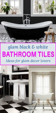 Glam black and white bathroom tiles (ideas for glam decor lovers) White Bathroom Tiles Ideas, Black And White Master Bath, Black And White Bathroom Tile, Bathroom Tiles Ideas, Dramatic Bathroom