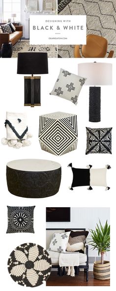 black and white interior design collage with furniture, pillows, rugs and lamps