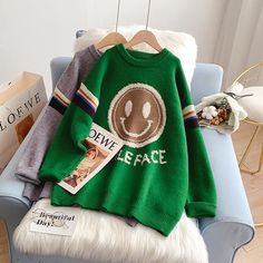 Style: commuting Size: one size Color: gray, black, green Trendy Green Fall Sweater, Trendy Green Winter Sweater, Green Winter Sweater For Streetwear, Trendy Green Winter Sweatshirt, Trendy Green Sweatshirt, Face Pattern, Smiling Face, Pattern Sweater, Smile Face