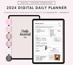 the digital daily planner is displayed next to an ipad and tablet with icons on it